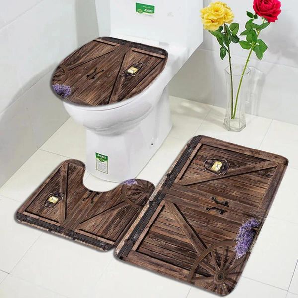 Tappeti da bagno fattoria fienile tappetino in legno set marrone ruota a legno fiore viola flanella moquette bagno decorativo tappeti per pavimento coperchio coperchio del coperchio