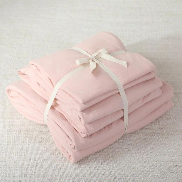 Set di biancheria da letto 4 pezzi in cotone in cotone tessuto in maglia rosa elegante per ragazze set da letto di colore solido con copertura trapunta e lenzuola