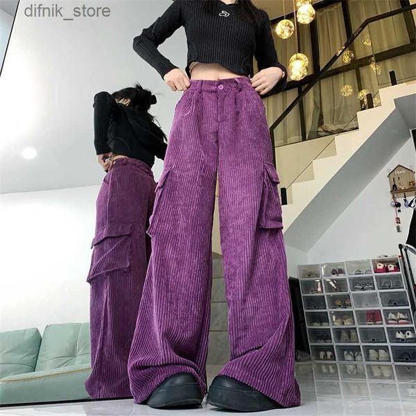 Jeans femininos 2023 Corean Y2K Fashion Corduroy Pantadia de carga roxa para mulheres vestir uma perna larga perna larga lady calça casual y240408