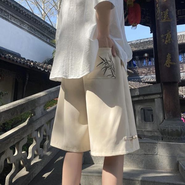 Erkek şort Vintage işlemeli bambu yaz gündelik pantolon Çin tarzı toka trendi erkek dipleri büyük boyutlu kısa