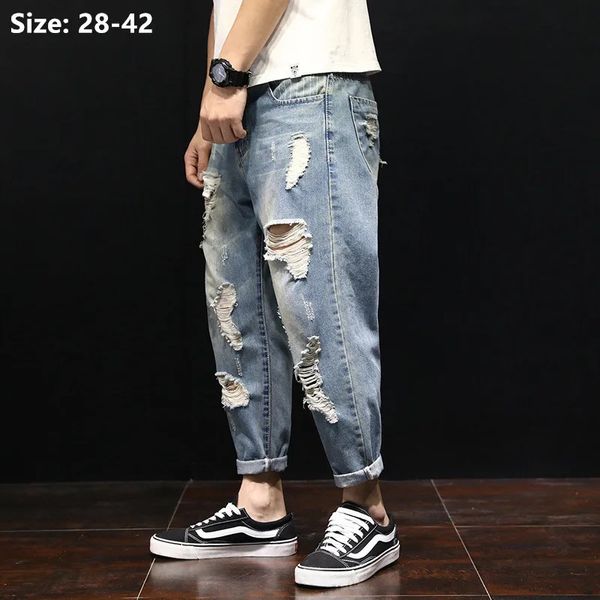 Uomini estate strappato alla caviglia più jeans di dimensioni 38 40 42 buchi di harim hip hop jeans pantaloni sciolti per ragazzi sciolti 240323