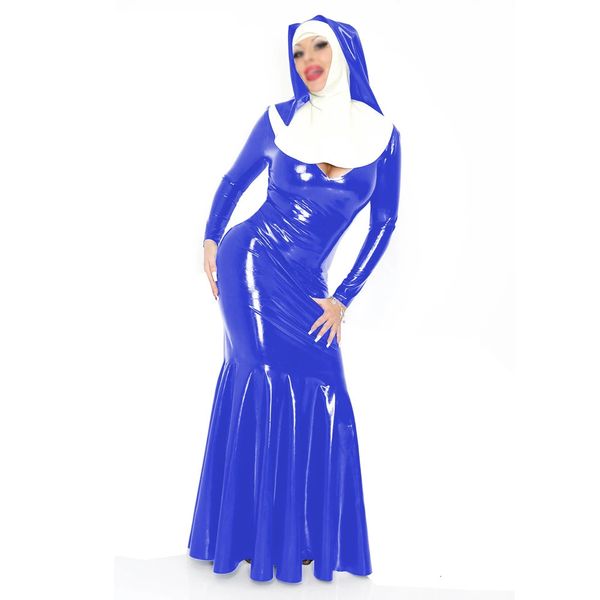 Sissy Shiny PVC Кожаная сексуальная монахиняная форма Deep V Neck Long Ruffle Nun Платье с головным планом забавное косплей Costume Club S-7xl 240325