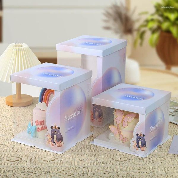 Embrulho de presente 5 conjuntos caixa de bolo de aniversário translúcida 6/8 polegadas embalagens quadradas de papel para festa de casamento