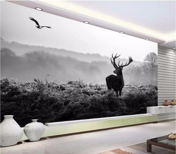 Papéis de parede 3D papel de parede personalizado PO Silent Floresta Manhã Fog Elk Black e Branco Pintura de Murais de parede para paredes 3 D