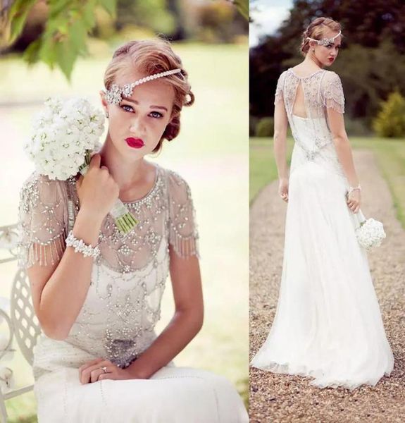 2019 Vintage Great Gatsby Sparkly Crystal Beach Vestidos de noiva Jenny Packham Cap Cap Country Bridal Wedding Dress Dress5683107