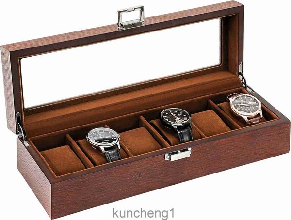 Hölzerne Uhrbox für Männer 6 Slot Watch Display Hülle Herren Wächterbox Organizer Holz Uhr Hülle für Männer Uhr Aufbewahrungsväter Tag Geschenke Holder Organizer mit Glasdeckel e