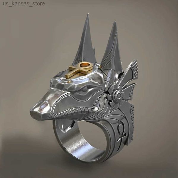 Clusterringe Retro ägyptische Kreuz Anubis Gott Finger Ring Herren Punk Wolf Kopf Finger Ring Boho Deklaration Schmuck Großhandel