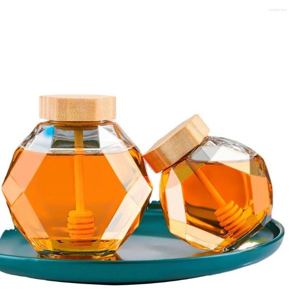 Garrafas de armazenamento garrafa de mel de vidro hexagonal com barra de madeira de pacote de madeira