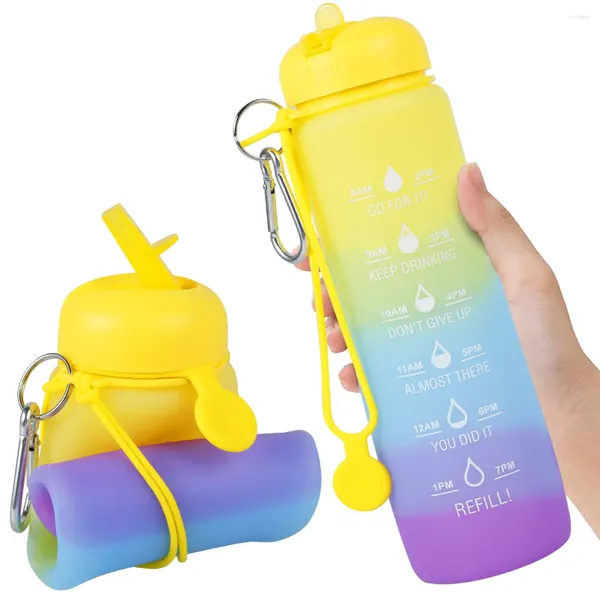Garrafas de água 600 ml garrafa dobrável BPA sem vazamento de silicone com carimbo de hora para acampamento de viagens de ginástica de escritório escolar