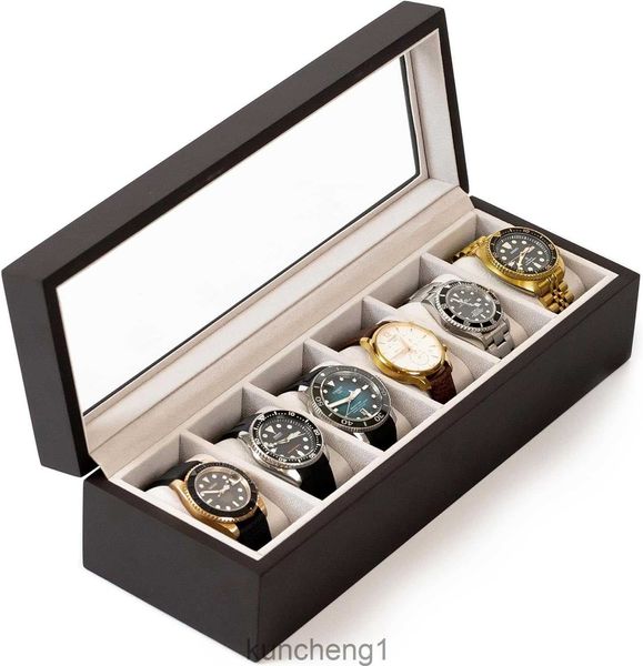 Case Elegance Solid Espresso Wood Watch Box Organizer com tampa de exibição de vidro