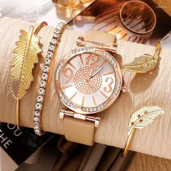 Armbanduhrenbeobachter Frauen Uhr Armband Set Lederband Quarz Minimalist Casual Arms Crystal Round Dial Elegante Kleideruhr Geschenke