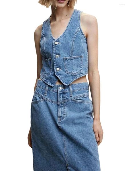 Kadın Yelekleri Kadın Moda Denim Yelek Kolsuz Düğmesi Aşağı Mahsul Y2K Düşük Kesim Jean Tank Top Vintage Sokak Giyim