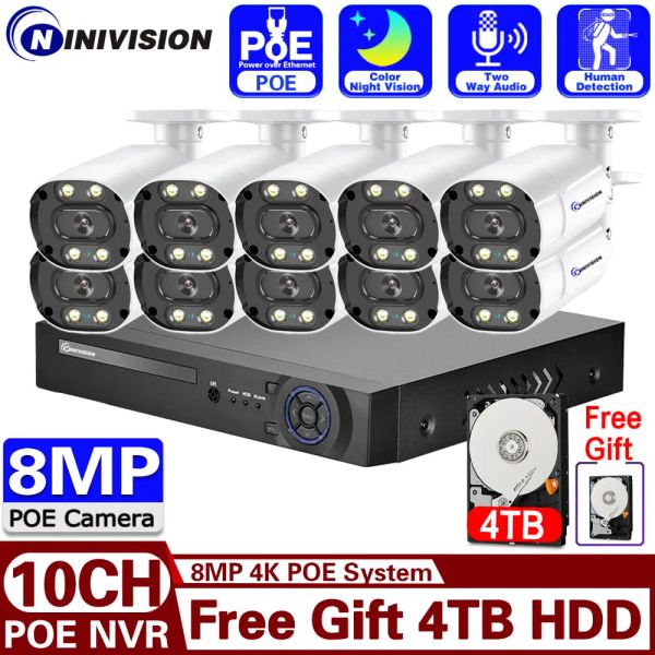 Sistema 10CH 8MP Video Security Surveillance 4K Sistema de câmera Poe NVR Bullet Recorder à prova d'água Color Night Vision Gree Gree Presente 4TB