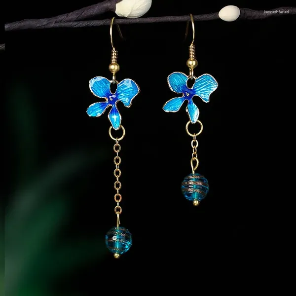 Brincos de bronzeamento cloisonne vintage pingente de flor azul -azul para mulheres moda de esmalte jóias de festa de gota