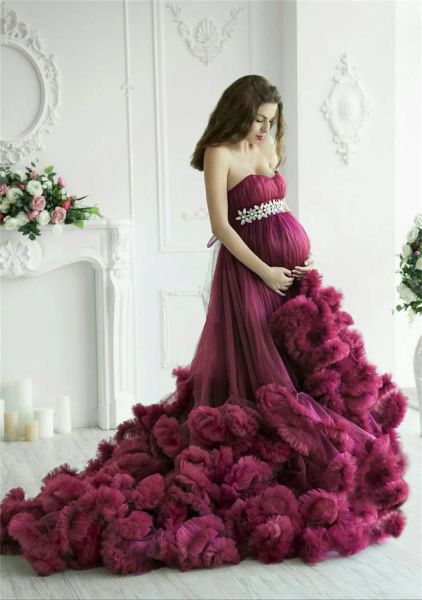 Lila lange Abendkleid Luxus gekräuseltes Babyparty Mutterschaftskleid Fotoshooting Kristall Bademantel Nachtwäsche Schwangerschaftskleider Gespür gemacht