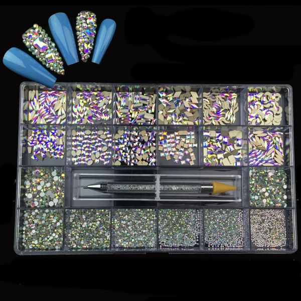 Flaschen Großhandel Nagelkunst Strauchsteine Set Multi -Form Crystal Flatback Glass Diamant Fancy Nail Decoration 5000 PCs mit einem PC -Wachs -Stift