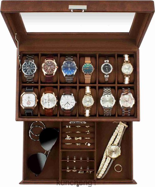 Guka Watch Box 12 Slot Watch Display Organizer Leather Jewelry Caso Gaveta de vidro Aniversário para homens Mulheres filhos marido pai pai