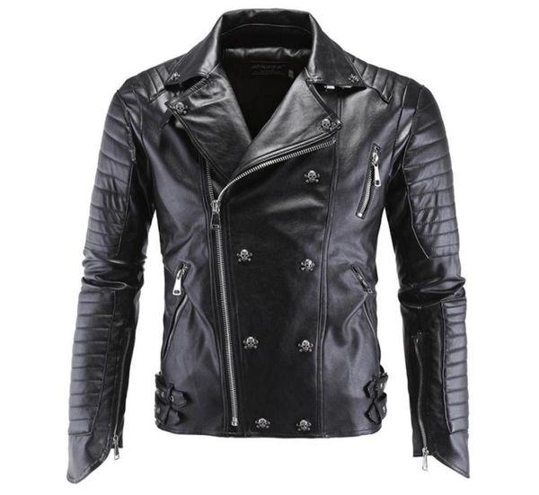 Erkek deri ceketler siyah motosiklet ceketleri kafatasları perçinler eğik fermuar ince fit kapitone punk deri ceketler9496185