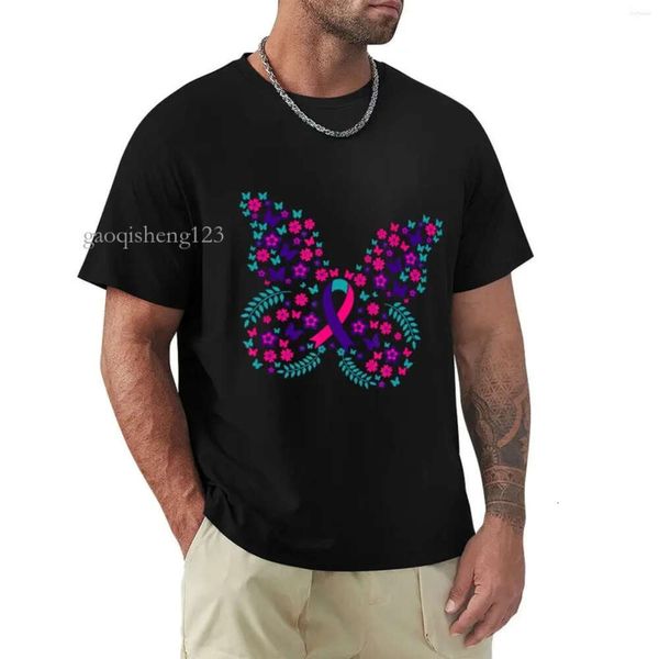 Polos de polos masculinos Flor Butterfly Butterfly Tireoide Cancer Consciência Ribbon T-Shirt Edition Kawaii Roupas Frutas fofas do tear