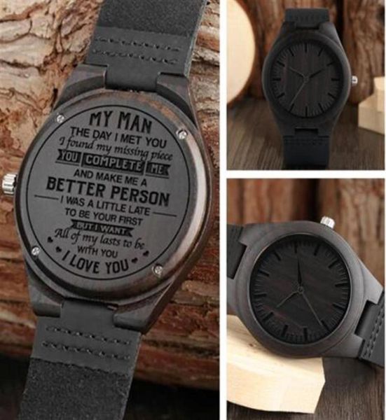 Mode mein Mann graviertes Wort volle schwarze Männer039s Ebenholz Holz Uhr Uhr Mann Quarz analog Lederband Valentine254z7762803