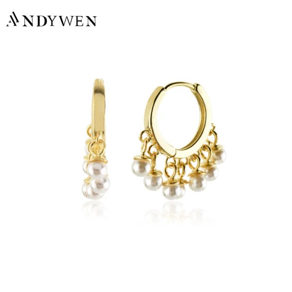 Anéis Andywen 2022 925 Sterling Silver Silver Gold Pearl Charm Hoops Earring Clips Women Piercing Jewelry Party Jewels