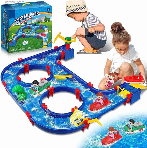 Brinquedos de banho de banho Brinquedos de água para crianças 57 PCs Diy Water Park Playset Block Block Toy na tabela Piscina Piscina de Ganto Quintal Vravia com 2 barcos L48