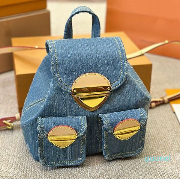 Mochila bolsas de viagem Handbag Bolsa Blue Denim Canvas ombro Classic Hardware Fivelelle Saco de alça de ombro ajustável