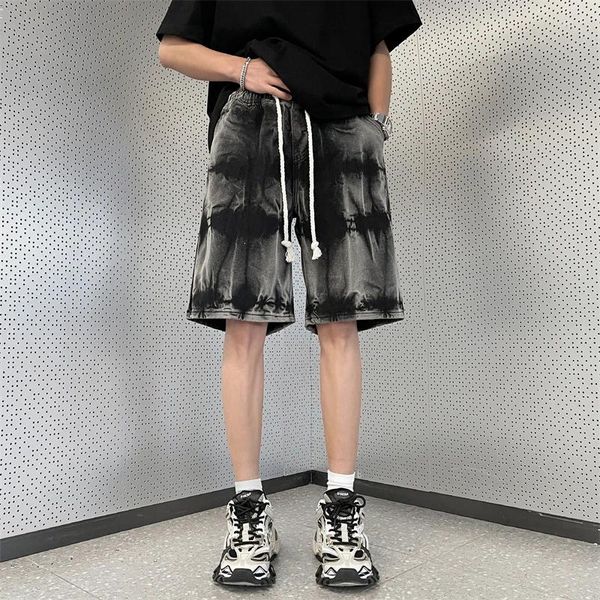 Shorts maschile cravatta americana elastica intaglio denim oversize oversize sciolte di pantaloni a gambe a gamba a metà lunghezza uomo vestiti maschili