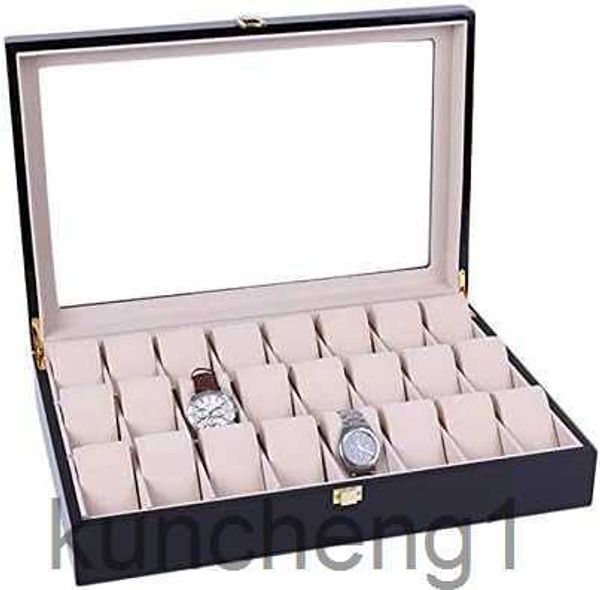 24 Slots Holzhülle Watch Display Box für Männer Frauen Gla Top Collection Box Schmuck Lagerorganisator Halter Aufbewahrungsgeschenke (16,7 x 11.42 x 3.15 Schwarz)