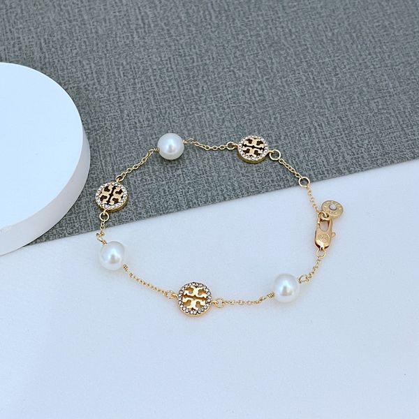 Luxo Brand Letters Designer Bracelets 18K Geometria de prata dourada Girls Crystal Bling Diamond Pearl Beads Link Chain Chain Bracelet Jeia