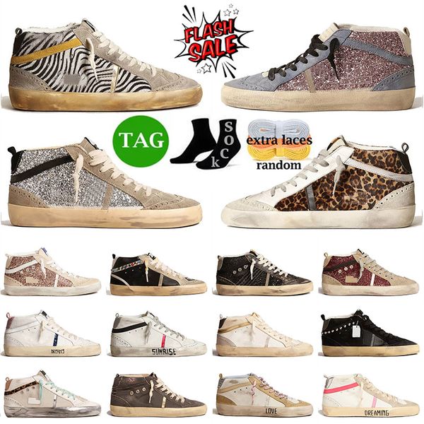 Luxusdesignerin Golden Women Herren lässige Schuhe Glitter Star Blue Studs Leopard Print Pony Skin's Plattform Skat Mid Stars Sneakers Leder Wildleder Sporttrainer