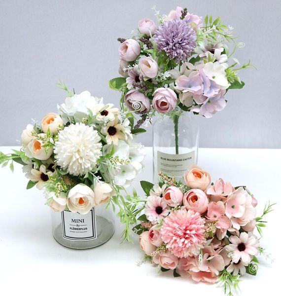 INS Style Mescola di fiori artificiali Ball Chrysanthemum Hydrangea Peony Bridal Rose Bouquet per decorazioni per matrimoni Fiori di fiore Display Prop5703412