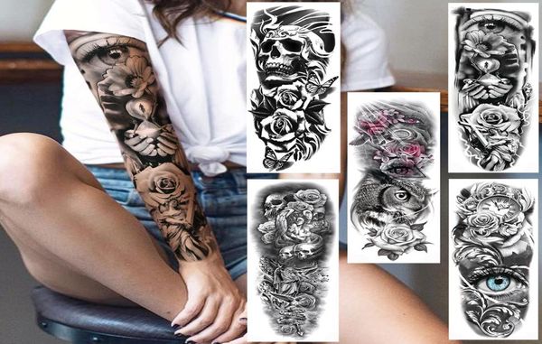 Adesivo per tatuaggi temporanei a braccio pieno di braccio pieno per uomini donne donne realistiche cranio rosa fiore body art 3d impermeabile tattoos7596228