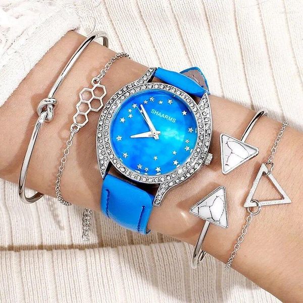 Relógios de punho Fashion Fashion Fashion Watch Blue Leather Band Analog WristWatch Luxury Ladies Classic Simple Dress Relógios Bracelets Set Relógio