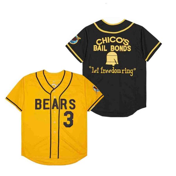 Men's Polos Men Kids Kids Baseball Jerseys The Bad News Bears 3 Leak Sewing Bordado de alta qualidade Esportes Amarelo ao ar livre NOVO