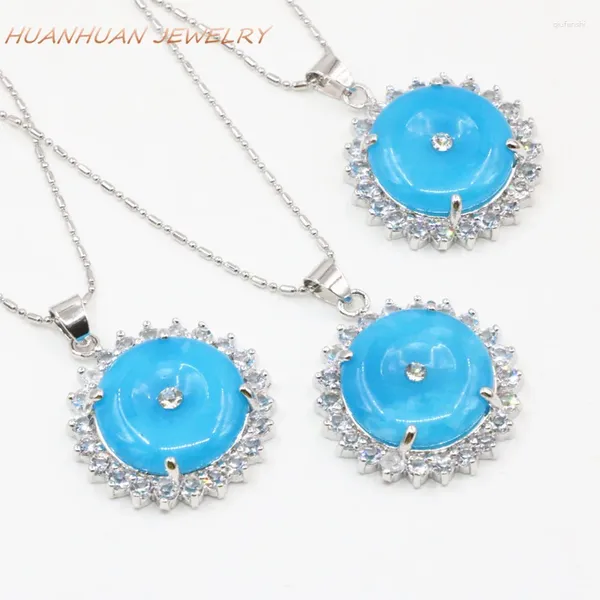 Anhänger Halsketten trendy blau Edelstahl flach rund für Frauen 27mm natürliche Jades Stein Anhänger Ketten Schmuck B3354