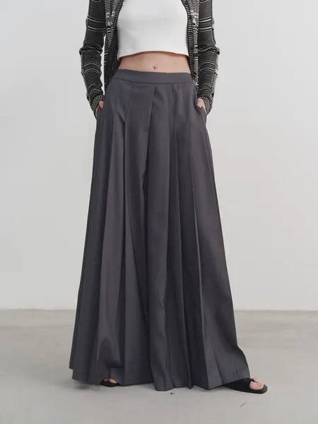 Frauenhose Große Silhouette Falten -Designstil grauer Weitbeinrock für Frühlingshoch -Taille Lose Boden lange Hosen