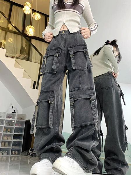 Frauen Jeans Hochleistungswäsche gewaschene Multipocket-Frachthose Frauen dunkelgraue Persönlichkeit hoher Taille Baggy Dünne, gerade Hose Hose