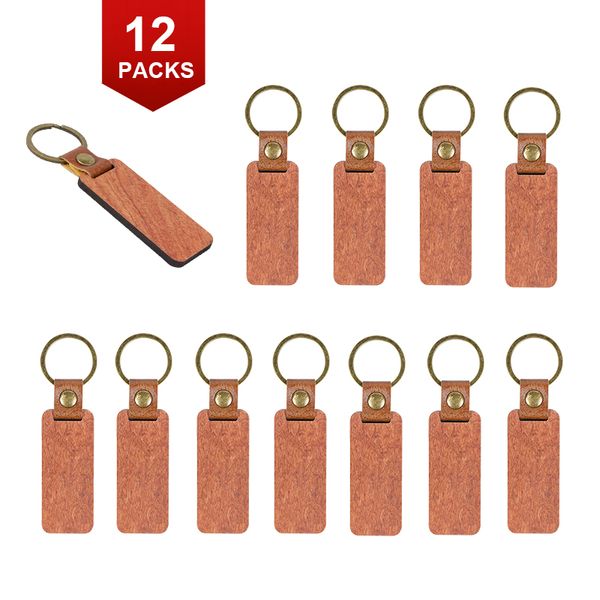 12 conjuntos de encantos de chaveiro de carro tiras de testa de madeira de couro keychains de couro de madeira key de metal anel em branco Rosewood PeoMocional Business Gifts Bagage Bagage Tag