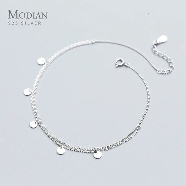 Modian Simple Double Layer Link Chain Anklet для женщин Реал 925 Серебряные геометрические блестки мода Fashion Fine Jewelry 240408