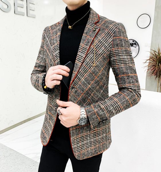 British Style Plaid Blazer für Männer Anzug Jacke Casual Wolle Hochzeitskleidermantel Single Business männlicher Button Veste Kostüm Homme LJ1959408