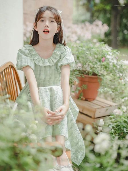 Abiti da festa mori verde a quadri dolci donne retrò rotanti colletti carino chic sbuffa abito signora estate elegante vestido vintage vestido casual