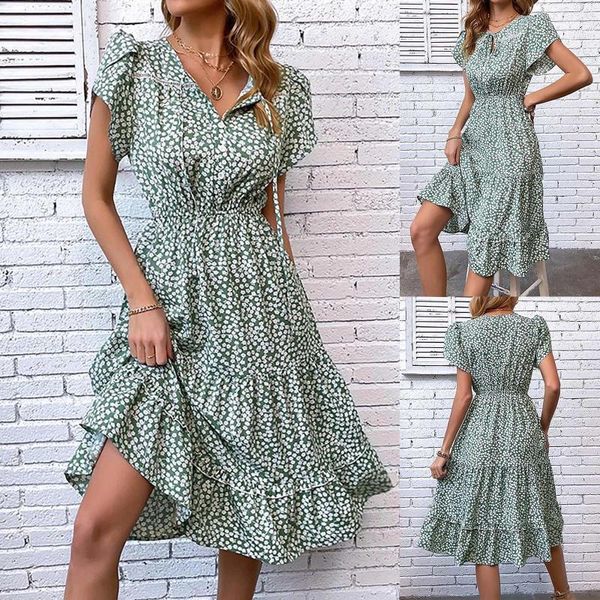 Vestidos casuais babados v estampas de pescoço vestido feminino de mangas curtas Uma linha midi senhoras sexy elegante estilo praia com cintura vestidos