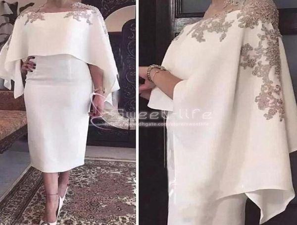 2019 Cape Shawl Halbärmel Mutter der Braut Kleider Applikationen weiße Tee Länge Schilder Cocktail Prom Kleid Abendkleider6344839