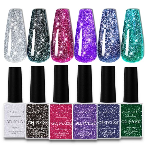 Gel makartt glitter kit di smalto gel gel, 8 ml 6pcs disco gel super diamante riflettente UV polacco gel polacco nero shimmer shimmer manicure fai -da -te