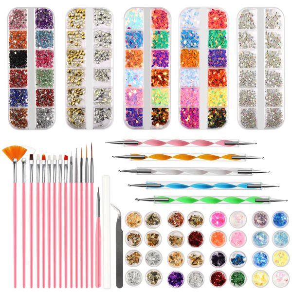 Dekorasyonlar 59pc Sticker Secal Home Salon Dotting Pen Hediye Sapları Glitter Rhinestones DIY Manikür Tırnak Sanat Araçları Set Tırnak Dekorasyonu