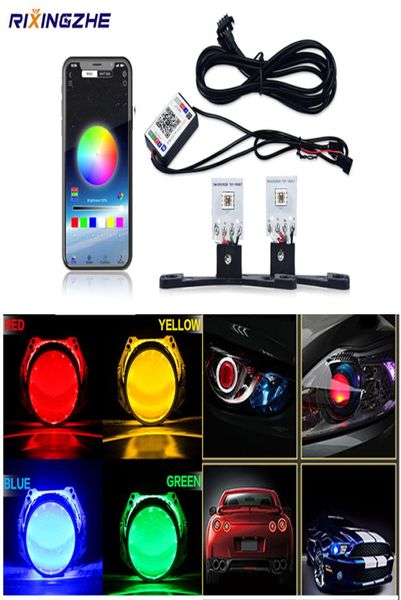 Carro liderado pelo diabo demon e mal olhos drl bluetooth app rgb 25 faróis motociclet mini projector lenscar acessórios diy7332382