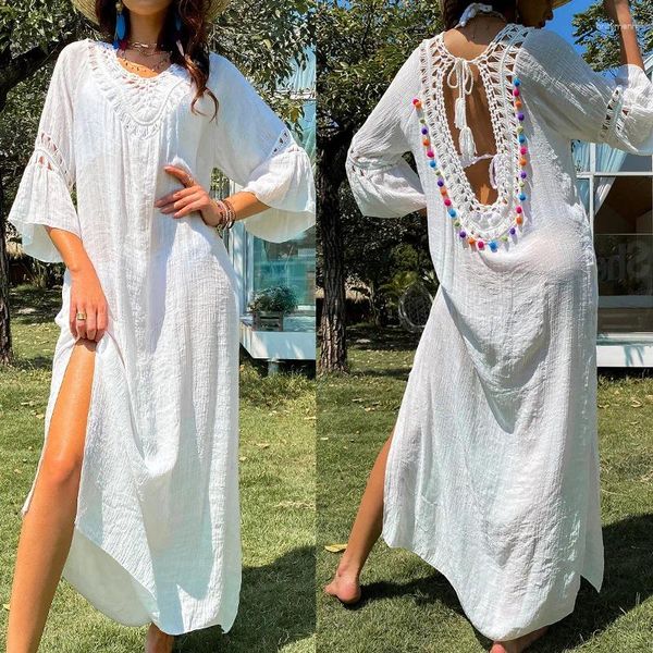 Lässige Kleider Sommer süßer Ballkleid sexy offener Handhaken Hohlausflug Perspektive Lose weiße Strand -Overlay Decke Frauen