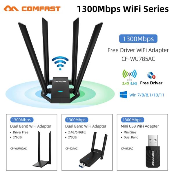 Pads Comfast 1300Mbit/s USB WiFi Adapter Network Card Receiver Dual Band 2,4G/5GHz 4*6DBI -Antennen für Laptop -Desktop -PC -Win7/8/10/11