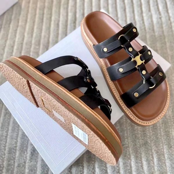 Роскошная дизайнерская обувь сандалия Slyse Summer Sandale Женская повседневная обувь Высококачественная кожаная loafer 2024 Новая слайд мода Flat Brown Mule Outdoor Beach Lady Sliders
